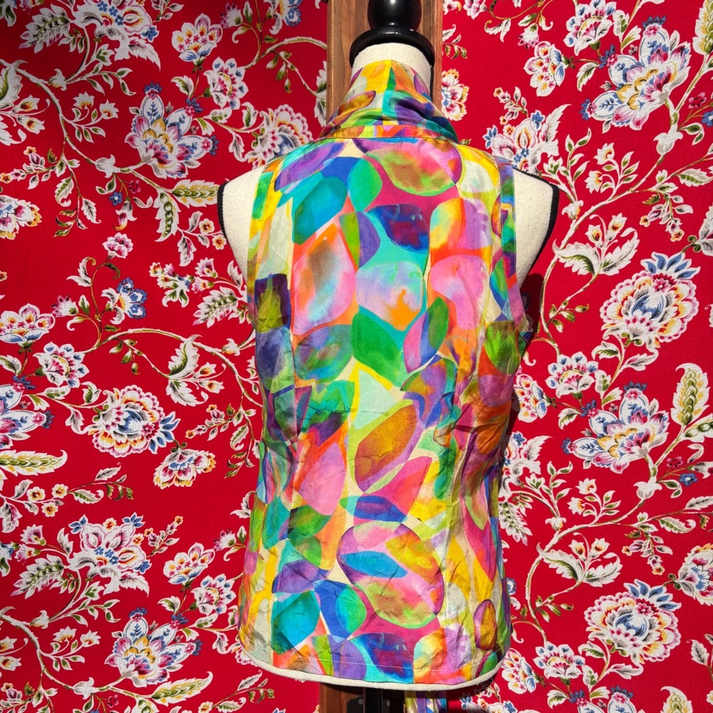 100% Silk Vibrant Multicolor Neck Tie Sleeveless Artsy Boho Chic Blouse Size S - Picture 3 of 13